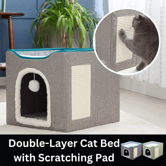 Double-Layer Cat Bed with Scratching Pad and Fluffy Ball