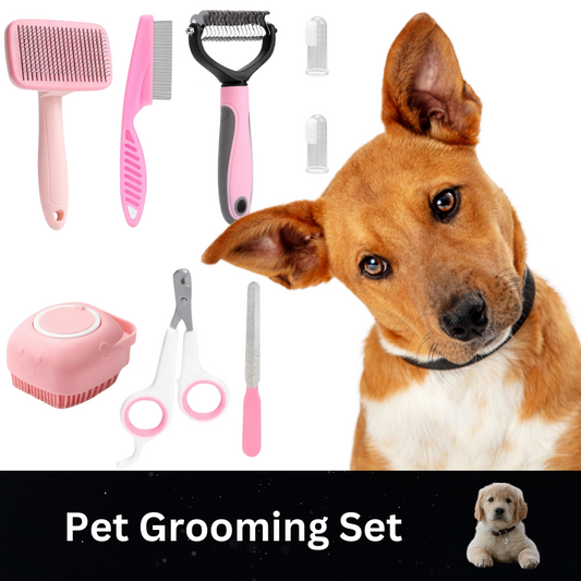 Pet Grooming Set: Self-Cleaning Brushes, Nail Clippers, Flea Comb, Shampoo Bath Brush